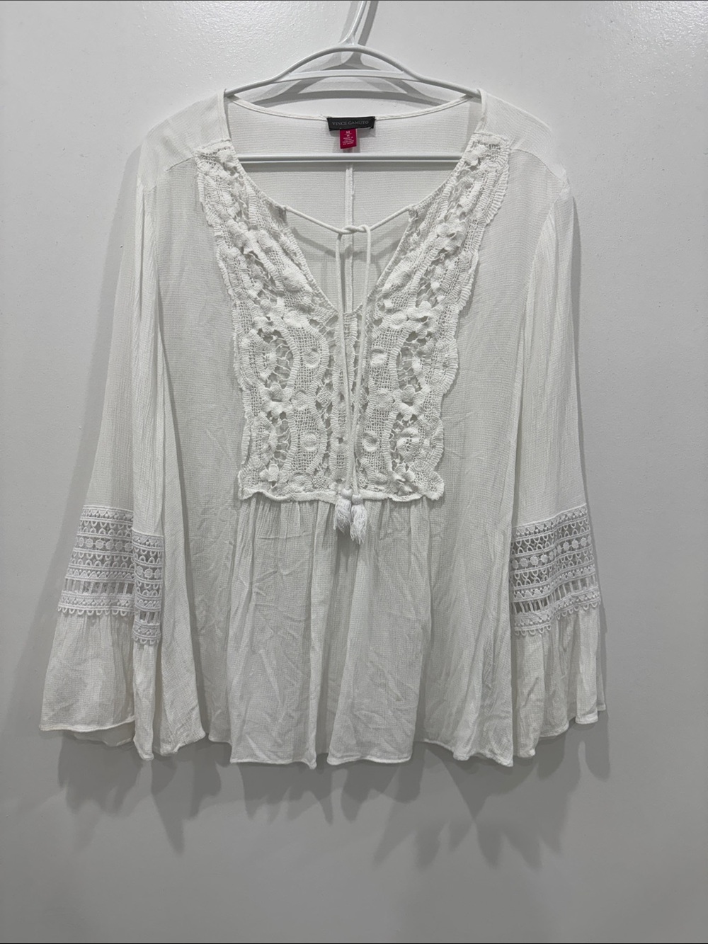 Vince Camuto White Crochet Detail Boho Tunic Peasant Top M